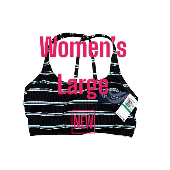 Aqua Couture Large Bikini Top Front Wirefree Padded Bra Stripe Black Blue NWT - Picture 2 of 9